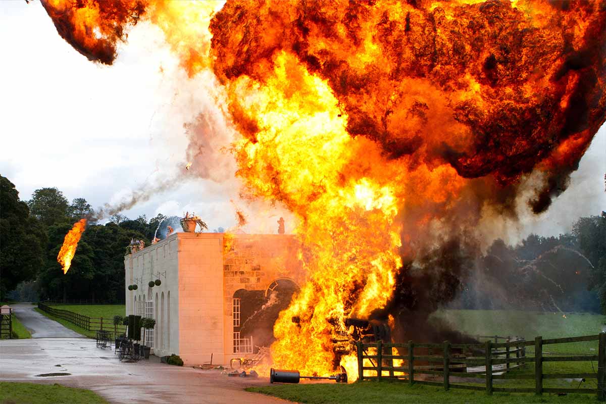 A building on fire for a filming scene on the Knowsley Estate for Hollyoaks