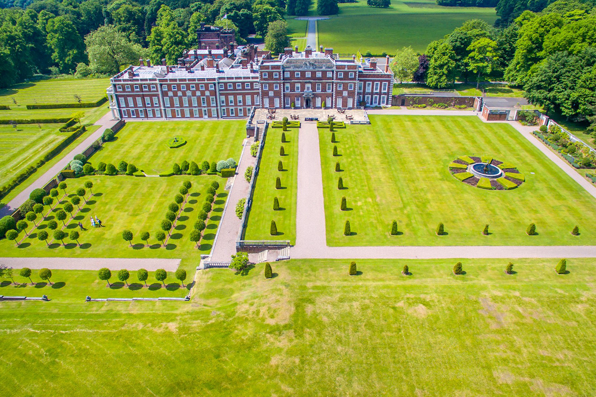 Birds eye view Knowsley Hall of the expansive manicured gardens and huge stately home, perfect for team building activities.