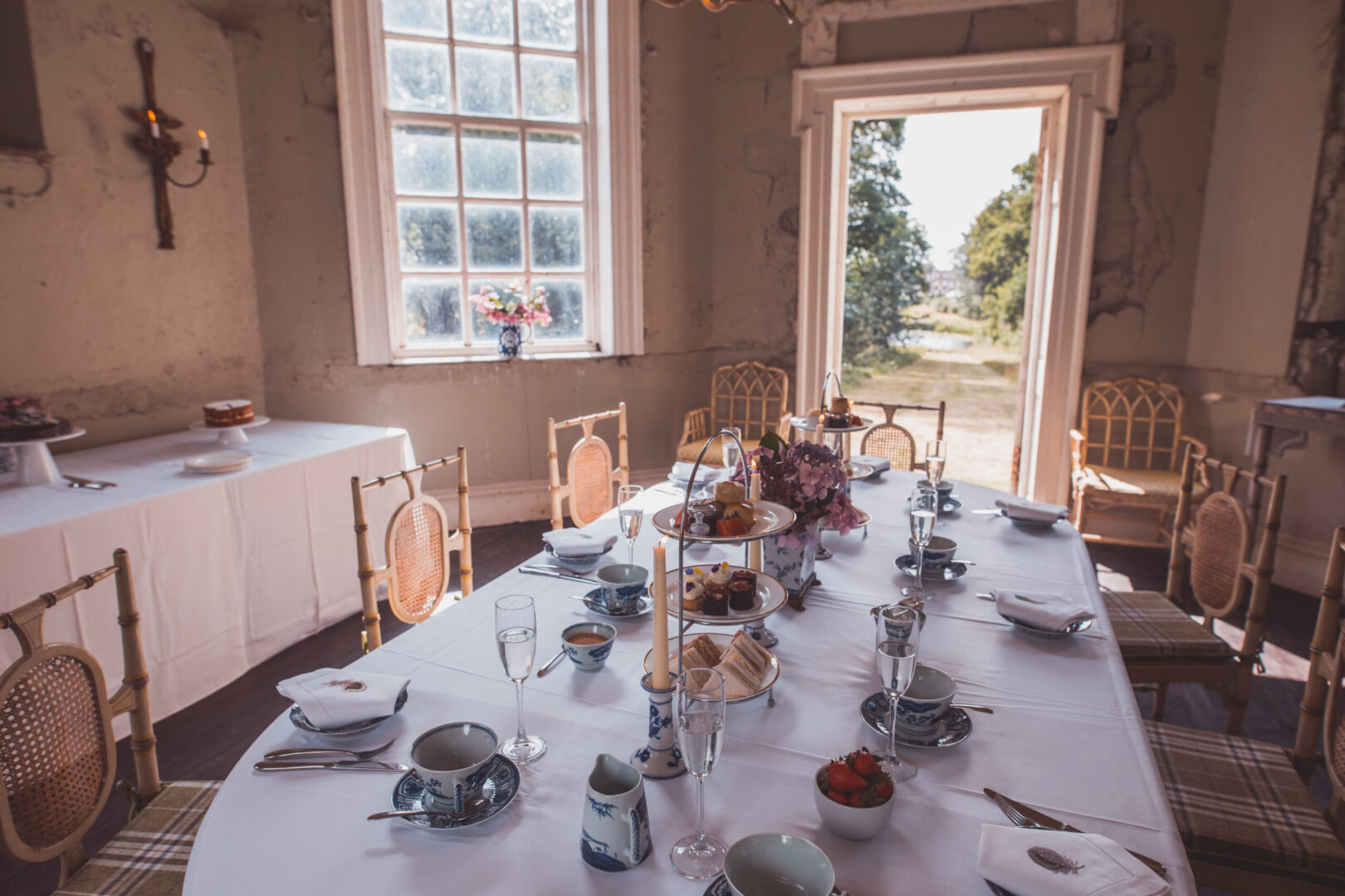 A set table in the gardens of Knowsley Hall.